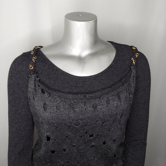 Exzotica Dress Knit Long Sleeve Rip Holes Chain Elastic Waist Mini Stretch M/L - Picture 1 of 6